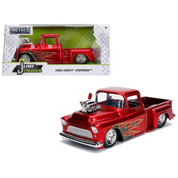 1955 Chevrolet Stepside Pickup Truck with Blower Candy Red with Flames \Just Trucks\" Series 1/24 Diecast Model Car by Jada"