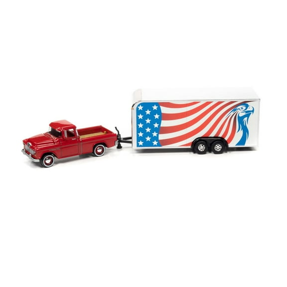 1955 Chevy Cameo Pickup Truck with Enclosed Car Trailer, Cardinal Red with Amercian Flag Graphics - Johnny Lightning JLSP200/24A - 1/64 scale Diecast Model Toy Car