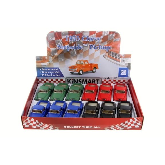 1955 Chevy Stepside Pickup Diecast Car Package - Box of 12 1/32 Scale Diecast Model Cars, Assorted Colors