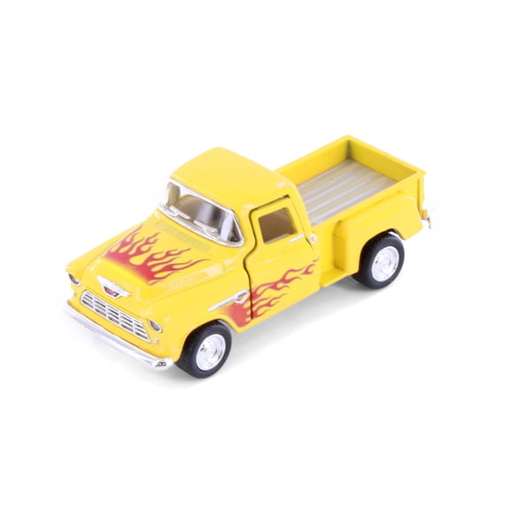 1955 Chevy Stepside Pickup Truck w/Flames, Yellow - Kinsmart 3002DF - 1/54 Scale Diecast Model Car