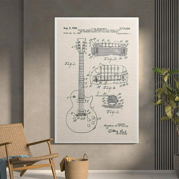 1955 Electric Guitar Patent Poster Vintage Music Diagram Wall Art Home Decor, 16x24 UNFRAMED