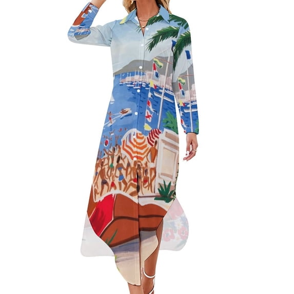 1955 France Visit La Cote D'Azur Travel Poster Long Sleeved Shirt Dress Women's summer dresses women clothes