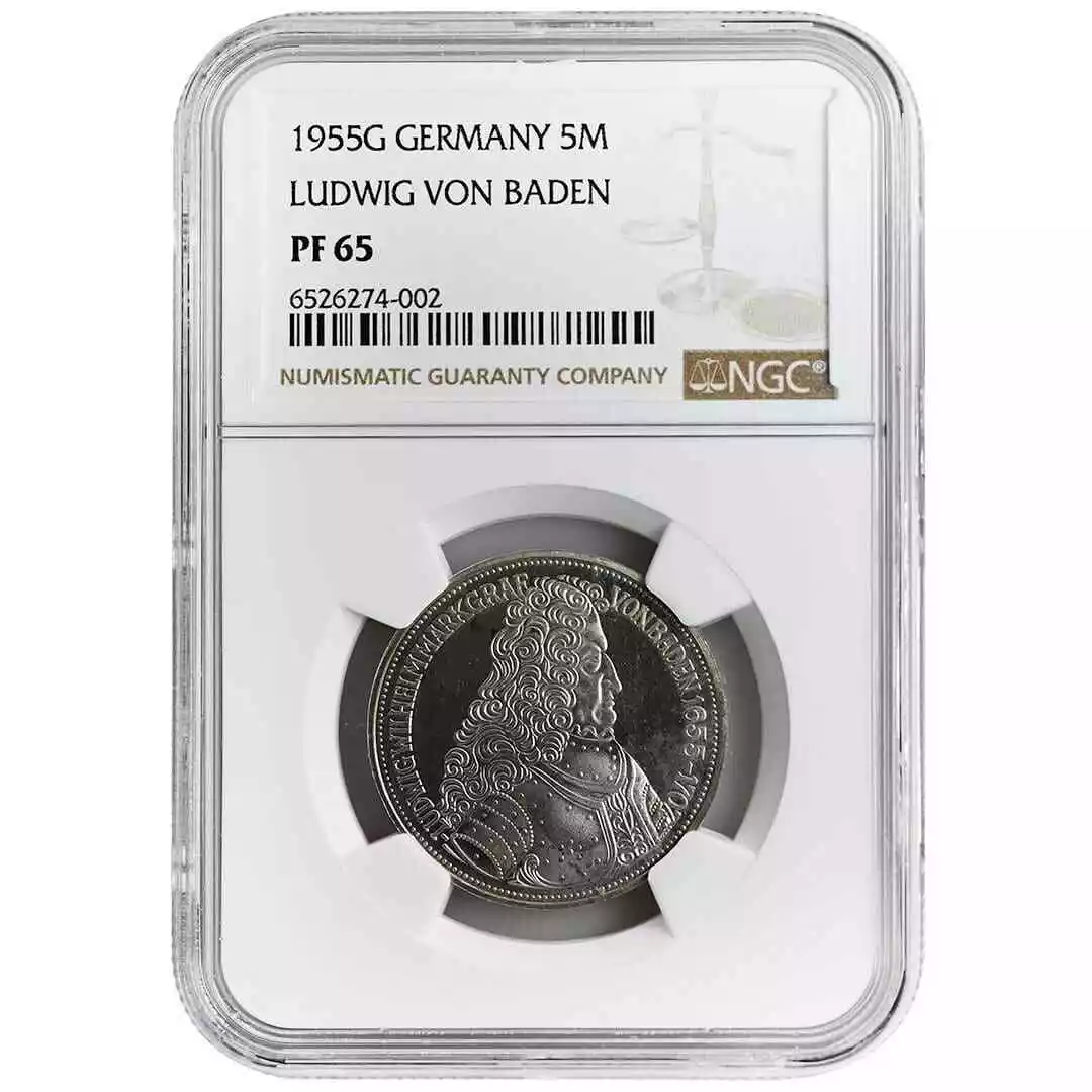 GERMANIA MINT German Mint 1955-G GERMANY, 5 Mark, Ludwig Von Baden, NGC PF65, RARE IN PROOF Rare Coin