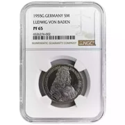 German Mint 1955-G 5 Mark Silver Ludwig Von Baden NGC PF65 Rare Coin