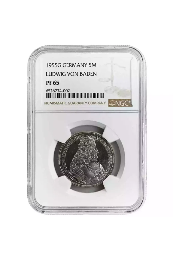 German Mint 1955-G 5 Mark Silver Ludwig Von Baden NGC PF65 Rare Coin
