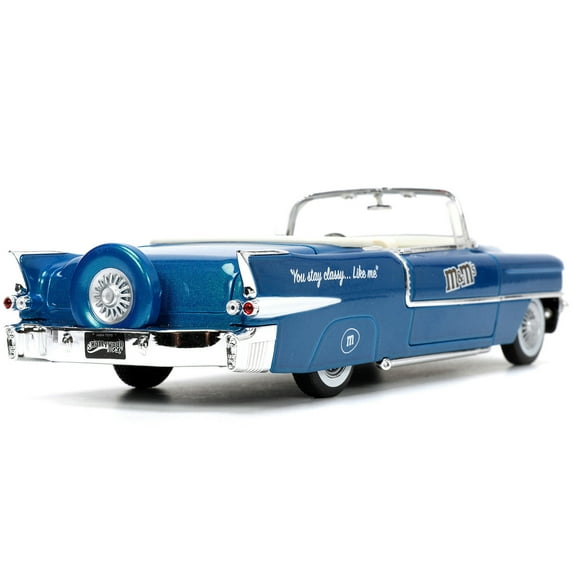1956 Cadillac Eldorado Convertible Blue Metallic with Cream Interior "Stay Classy" and Blue M&M Diecast Figure "M&M's" "Hollywood Rides" Series 1/24 Diecast Model Car by Jada