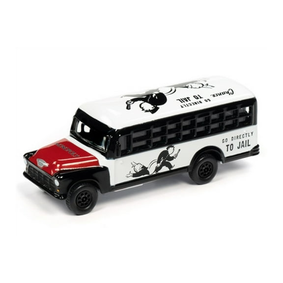 1956 Chevy School Bus with Token Monopoly 85th Anniversary, Black and White - Johnny Lightning JLSP092/24 - 1/64 scale Diecast Model Toy Car