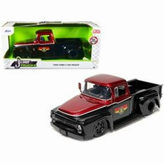 1956 Ford F-100 Pickup Truck "Mickey Thompson Performance Tires & Wheels" Black and Red Metallic 1/24 Diecast Model Car by Jada