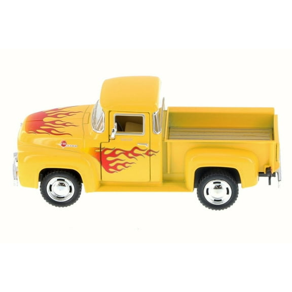 1956 Ford F-100 Pickup Truck, Yellow w/ Flames - Kinsmart 5385DF - 1/38 Scale Diecast Model Toy Car