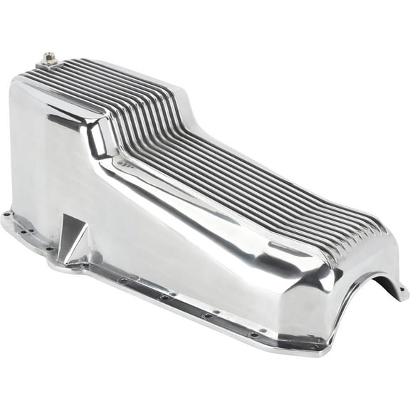 1957-1979 Small Block Chevy Aluminum Oil Pan - Polished Finned Design - Driver's Side Dipstick - High Strength and Heat Dissipation - Easy Installation