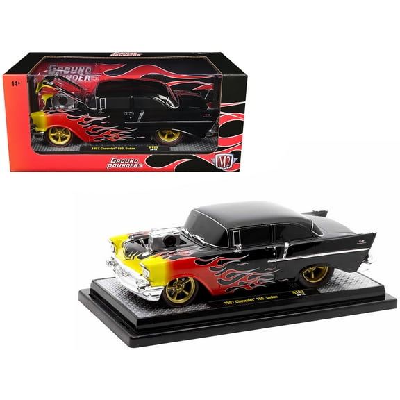 1957 Chevrolet 150 Sedan Black with Flames Graphics Limited Edition to 4250 pieces 1/24 Diecast Model Car by M2 Machines