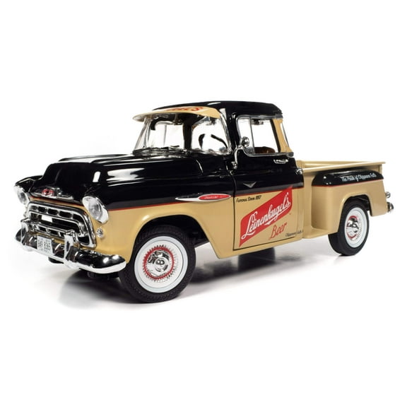 1957 Chevrolet 3100 Stepside Pickup Truck Black and Tan with Graphics "Leinenkugle's Beer The Pride of Chippewa Falls" 1/18 Diecast Model by Auto World