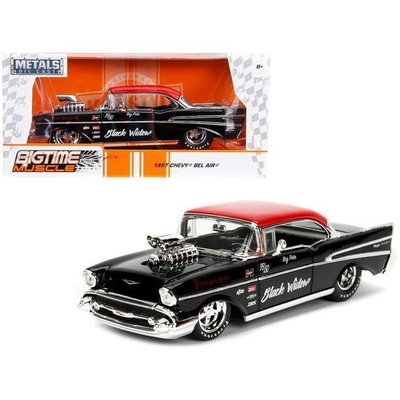 1957 Chevrolet Bel Air Black with Red Top "Pete's Auto Body: Black Widow" "Bigtime Muscle" Series 1/24 Diecast Model Car by Jada