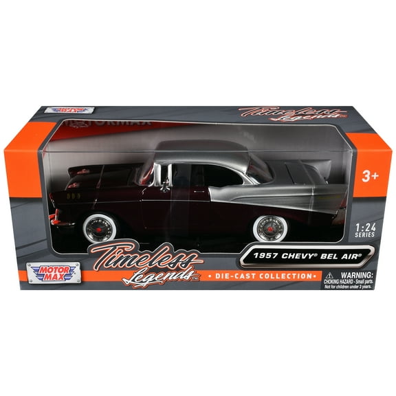 1957 Chevrolet Bel Air Burgundy Metallic and Silver Metallic "Timeless Legends" Series 1/24 Diecast Model Car by Motormax