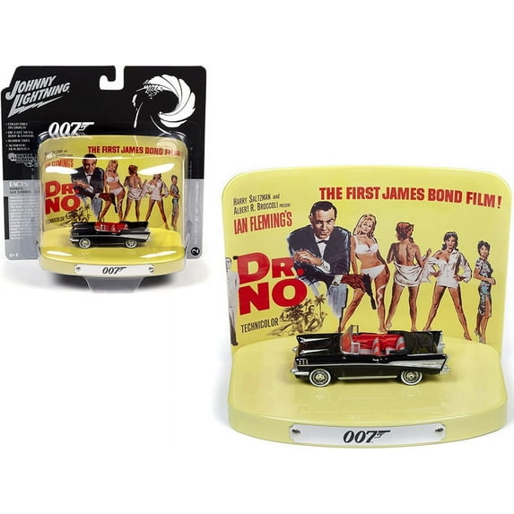 1957 Chevrolet Bel Air Convertible Onyx Black with Collectible Tin Display "007" "Dr. No" (1962) Movie (1st in the James Bond Series) 1/64 Diecast Model Car by Johnny Lightning
