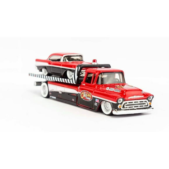 Diecast 1957 Chevrolet Bel Air Gasser #786 Silver and Red with Ramp Tow Truck "Elite Transport" 1/64 Diecast Models by Maisto