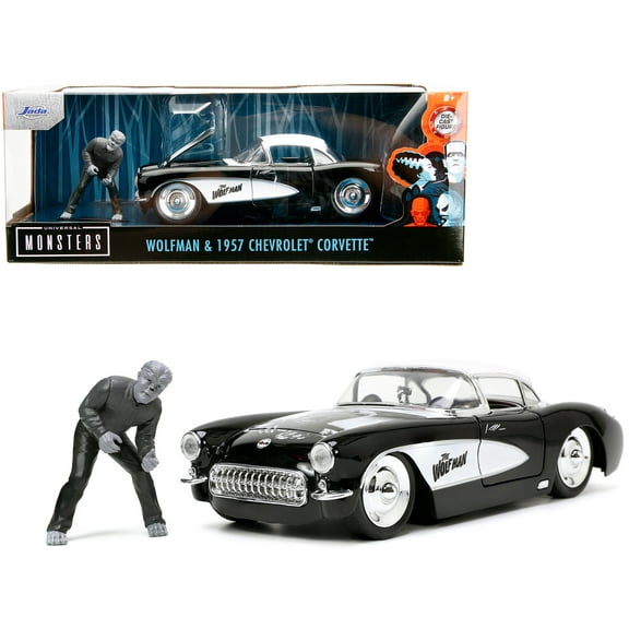 1957 Chevrolet Corvette Black with White Top and Wolfman Diecast Figure "Universal Monsters" "Hollywood Rides" Series 1/24 Diecast Model Car by Jada