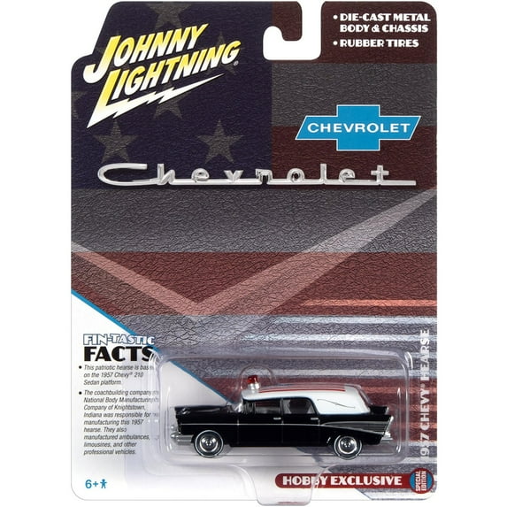 1957 Chevrolet Hearse Black with White Top and American Flag Graphics 1/64 Diecast Model Car by Johnny Lightning
