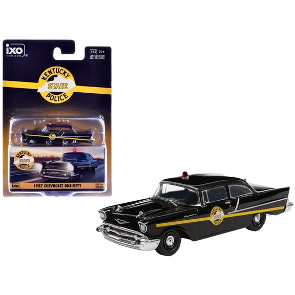1957 Chevrolet One-Fifty Police Car "Kentucky State Black with Yellow Stripes 1/64 Diecast Model by IXO Models