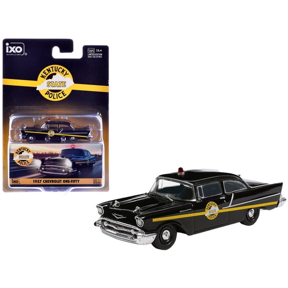 1957 Chevrolet One-Fifty Police Car "Kentucky State Police" Black with Yellow Stripes 1/64 Diecast Model Car by IXO Models