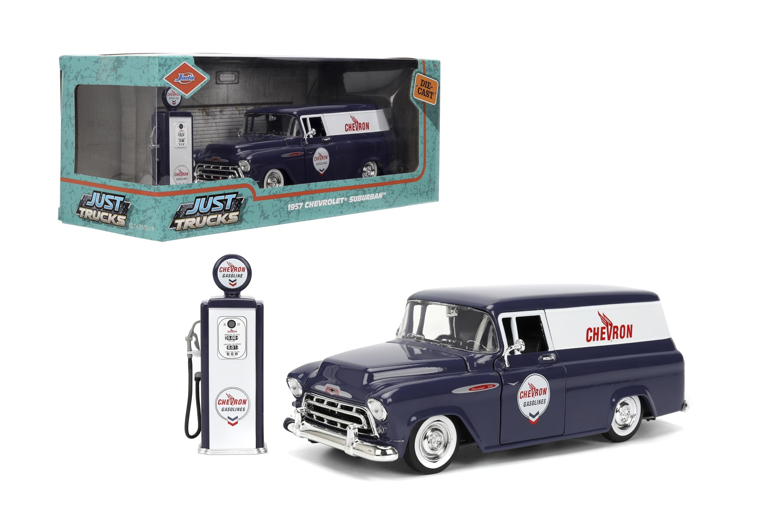 Jada 35044 1957 Chevrolet Suburban Chevron Dark Blue with White Stripes & Chevron Gas Pump Just Trucks Series 1-24 Scale Diecast Model Car