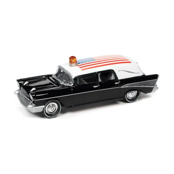 1957 Chevy Hearse with American Flag, Black and White - Johnny Lightning JLSP144/24 - 1/64 scale Diecast Model Toy Car