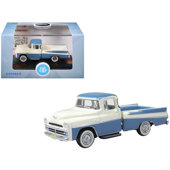 1957 Dodge D100 Sweptside Pickup Truck Ice Blue and Glacier White 1/87 (HO) Diecast Model Car by Oxford Diecast