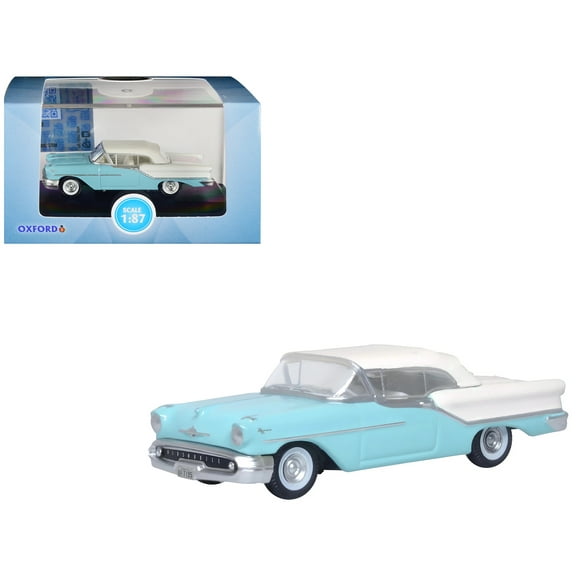 1957 Oldsmobile 88 Convertible (Top-Up) Banff Blue and Alcan White w/White 1/87 (HO) Scale Diecast Model Car by Oxford Diecast