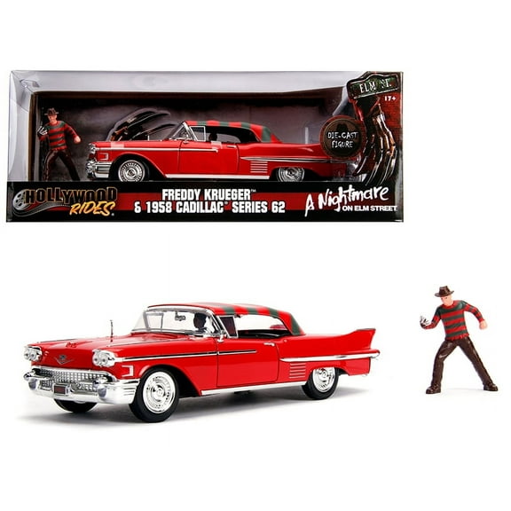 1958 Cadillac Series 62 Red with Freddy Krueger Diecast Figurine "A Nightmare on Elm Street" Movie 1/24 Diecast Model Car by Jada