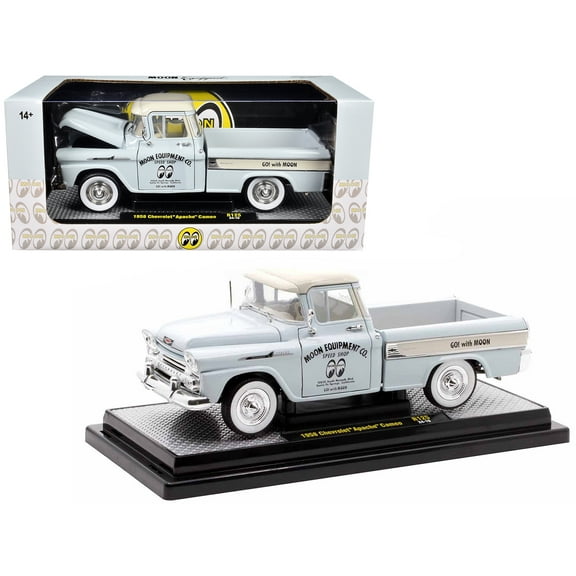 1958 Chevrolet Apache Cameo Pickup Truck "Mooneyes" Light Gray with White Top Limited Edition to 6650 pieces Worldwide 1/24 Diecast Model Car by M2 Machines
