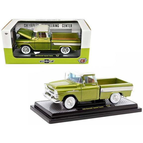 1958 Chevrolet Apache Cameo Pickup Truck Olive Green Metallic with Wimbledon White Top Limited Edition to 6250 pieces Worldwide 1/24 Diecast Model Car by M2 Machines
