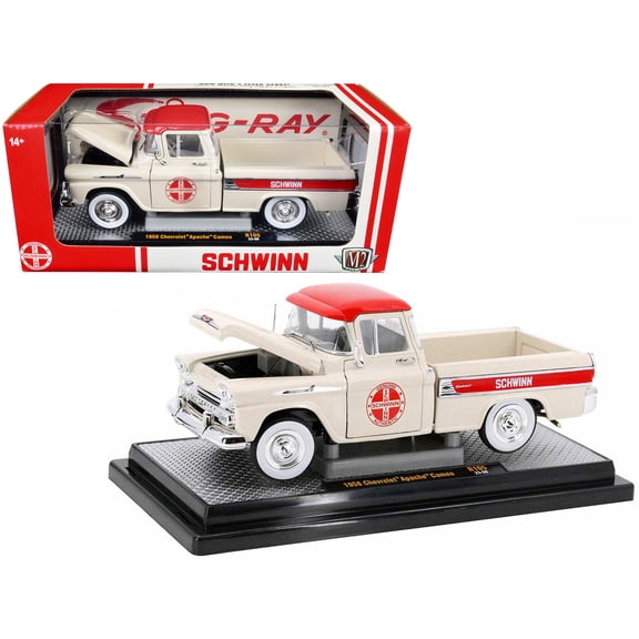 1958 Chevrolet Apache Cameo Truck Wimbledon White w/Red Top "Schwinn" Ltd Ed to 6550 pcs 1/24 Diecast Model Car by M2 Machines