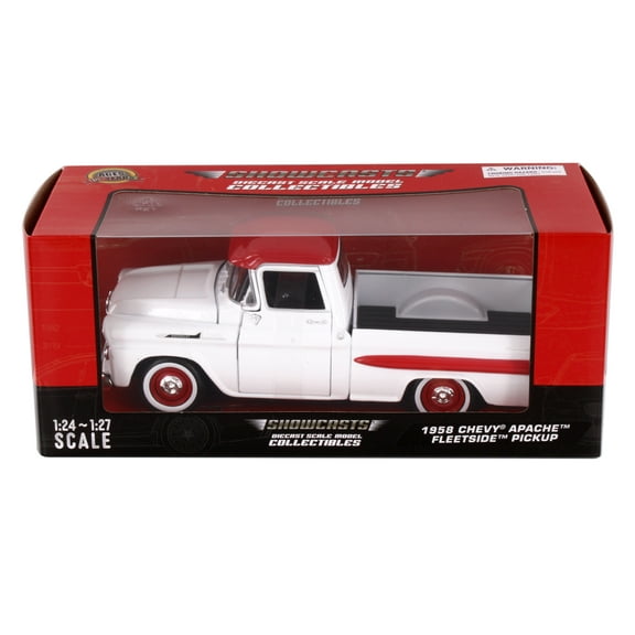 1958 Chevy Apache Fleetside Pickup Truck, White/Red, Showcasts 77311W, 1/24 Scale Diecast Model Car