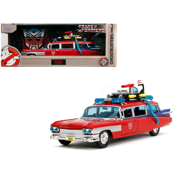 1959 Cadillac Ambulance Ecto-1 Red "Transformers" TV - "Ghostbusters" (1984) Movie Crossover1/24 Diecast Model Car by Jada