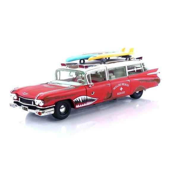 1959 Cadillac Eldorado Ambulance Red w/White Top Malibu Beach Rescue Weathered w/Surfboards 1/18 Diecast Model Car by Auto World