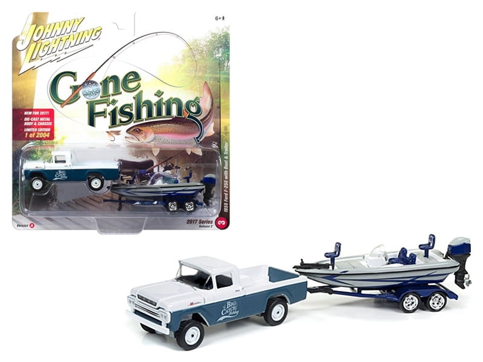 1959 Ford F-250 Pickup Truck Surf Blue Iridescent - White w/ Boat & Trailer  Gone Fishing 1/64 Diecast Johnny Lightning 