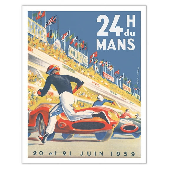 1959 Grand Prix - 24 hours of Le Mans France - Endurance Racing - Vintage Car Racing Poster by Michel Bélignod c. 1959 - Fine Art Matte Paper Print (Unframed) 11x14in