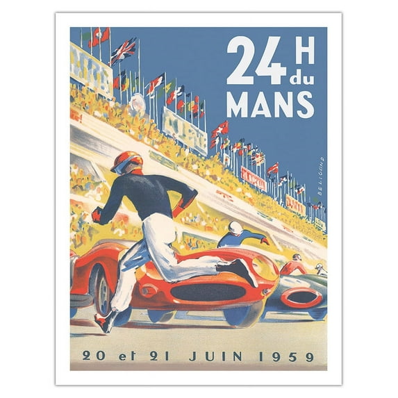 1959 Grand Prix - 24 hours of Le Mans France - Endurance Racing - Vintage Car Racing Poster by Michel Bélignod c. 1959 - Fine Art Matte Paper Print (Unframed) 20x26in