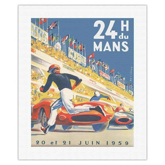 1959 Grand Prix - 24 hours of Le Mans France - Endurance Racing - Vintage Car Racing Poster by Michel Bélignod c. 1959 - Fine Art Rolled Canvas Print 16in x 20in