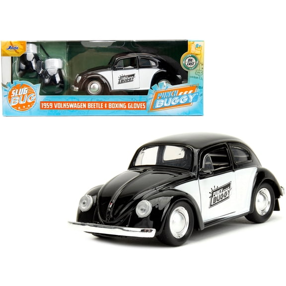 1959 Volkswagen Beetle "Punch Buggy" Black and White and Boxing Gloves Accessory "Punch Buggy" Series 1/32 Diecast Model Car by Jada