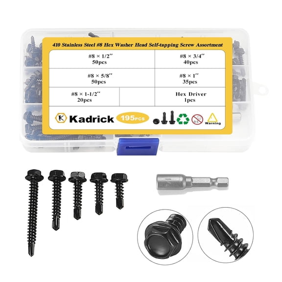 195Pcs #8 1/2''to1-1/2'' Black Self Tapping/Drilling Screw Assortment, High Strenth Tek Screw Kit for Sheet Metal/Plastic/Wood,Hex Washer Head with Driver, 410 Stainless Steel