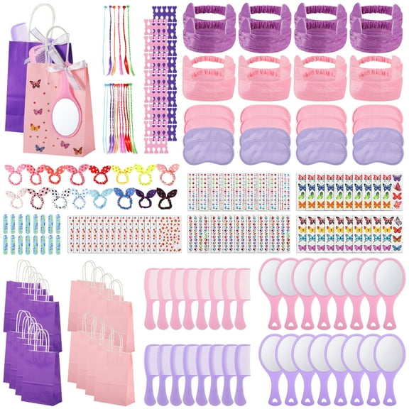 196 Pcs Spa Party Favors, Rich Makeup Party Supplies, Includes Mirrors, Combs, Eye Masks, Rainbow Braid Clips, Hair Ties, Headbands, Nail Files, Toe Separators, Stickers, Favor Bags, 16 Sets