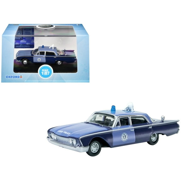 1960 Ford Fairlane Sedan Massachusetts State Police Radar Car Blue Two-Tone 1/87 (HO) Scale Diecast Model Car by Oxford Diecast