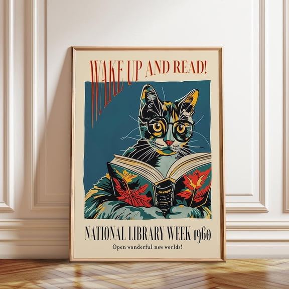 1960 National Library Week Cat Reading Book Wall Art, Unframed Paper Poster 8x10in