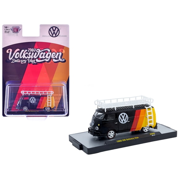 1960 Volkswagen Delivery Van Black with Stripes and White Roof Rack Limited Edition 1/64 Diecast Model Cars by M2 Machines