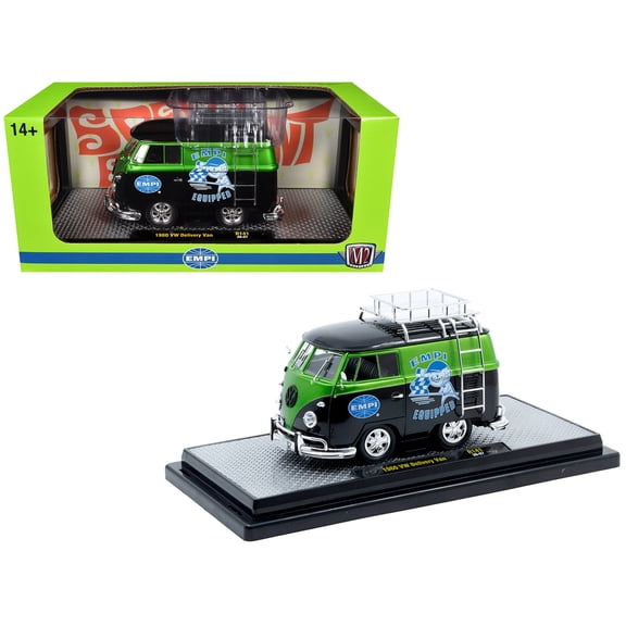 1960 Volkswagen Delivery Van "EMPI Equipped" Black and Green Metallic with Roof Rack Ladder Limited Edition to 4050 pieces Worldwide 1/24 Diecast Model Car by M2 Machines