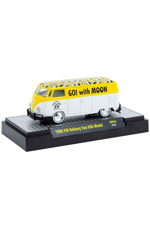 1960 Volkswagen Delivery Van USA Model "MoonEyes" White and Yellow with Top Graphics and White Interior Limited Edition to 5236 pieces Worldwide 1/64 Diecast Model Car by M2 Machines