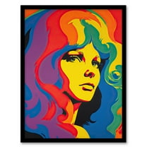 1960's Retro Portrait Woman Psychedelic Rainbow Colours Vibrant Bold Bright Colourful Painting Art Print Framed Poster Wall Decor 12x16 inch