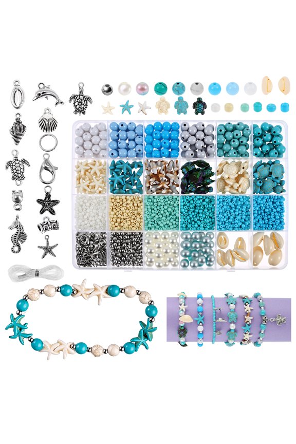1960Pcs Ocean Theme Beads Kit for Jewelry Making, Summer Beach Seashell Starfish Turtle Charms with Compartment Box