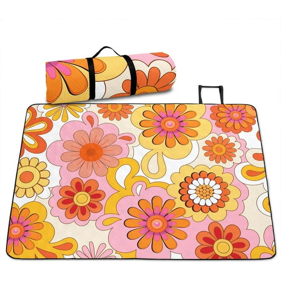1960S 1970S Groovy Flower Picnic Blankets 60x80, Hippie Funky Flower Picnic Beach Blanket for Camping Hiking Travel Park, Red Yellow Vintage Floral Picnic Mat, Bohemia Cartoon Picnic Outdoor Blanket